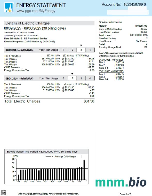 Szablon rachunku za media PG&E USA w formatach Word i PDF, 3 strony, 3. strona